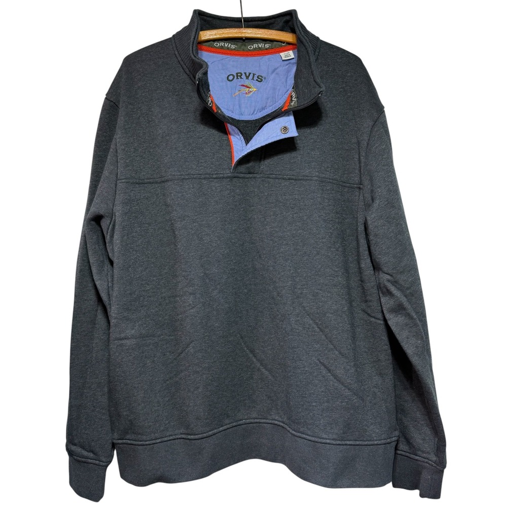 Orvis Mens XL Quarter Zip Sweatshirt Charcoal Gray Fleece Pullover Snap #1145